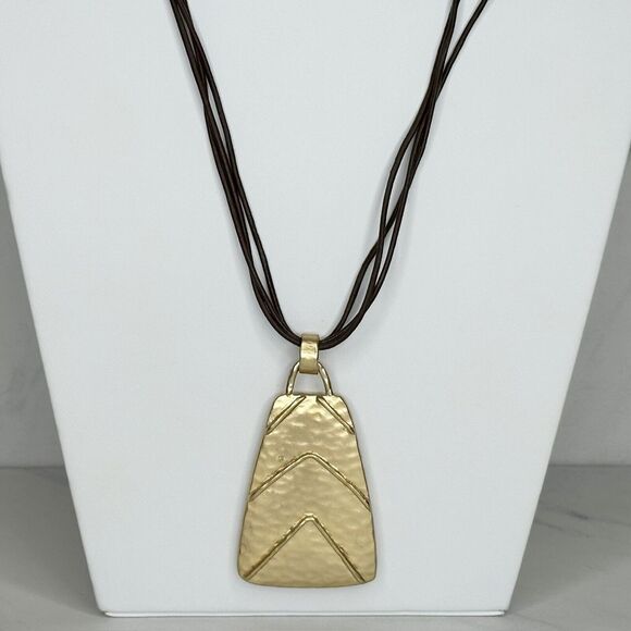 Chicos Gold Tone Chevron Pendant Brown Multi Strand Cord Necklace ✨ - Picture 11 of 14